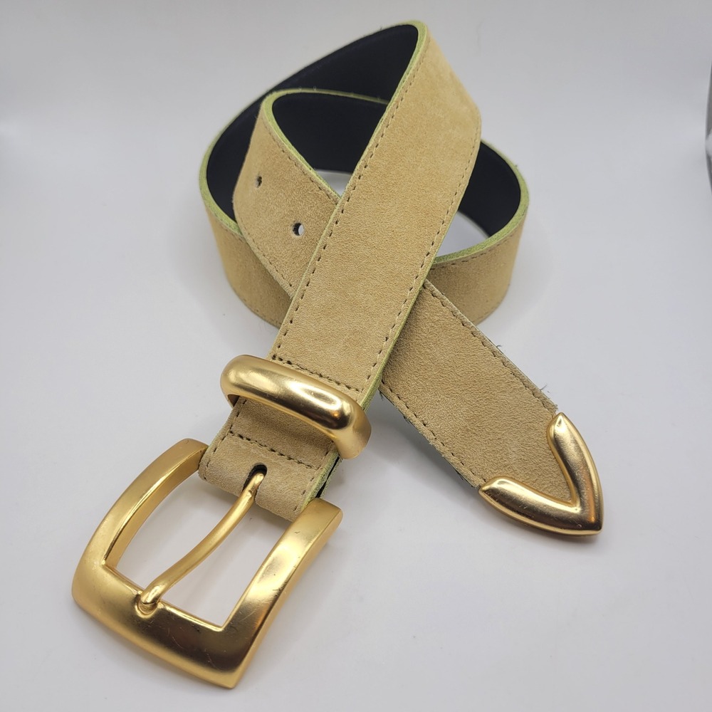 Vintage Express Belt Small Tan Yellow Suede Gold Buckle 90s Boho Western Chic